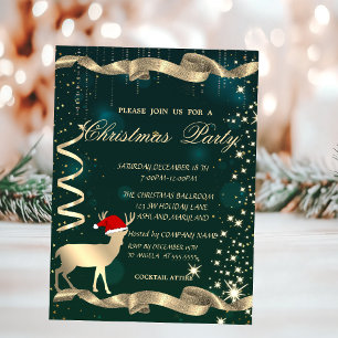 Gold Christmas Deer,Sparkle,Green Christmas Party Invitation