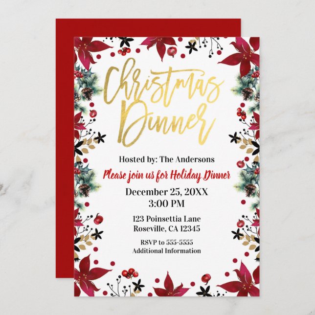 Gold Christmas Dinner Poinsettia Holiday Floral Invitation (Front/Back)