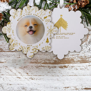Gold Christmas Floral Pet's First Christmas Photo Tree Decoration Card