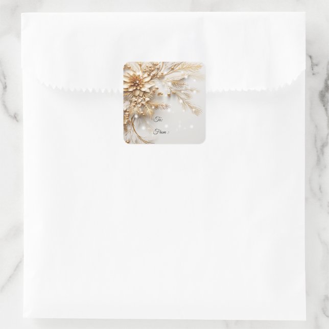 Gold Christmas Flowers and Berries Sparkle Square Sticker (Bag)