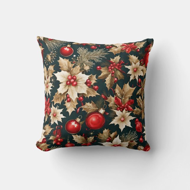 gold Christmas flowers, red bauble and berries Cushion (Front)