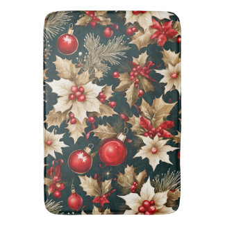 gold Christmas flowers, red baubles and berries Bath Mat