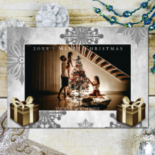 Gold Christmas Gifts and Snowflakes Photo Card