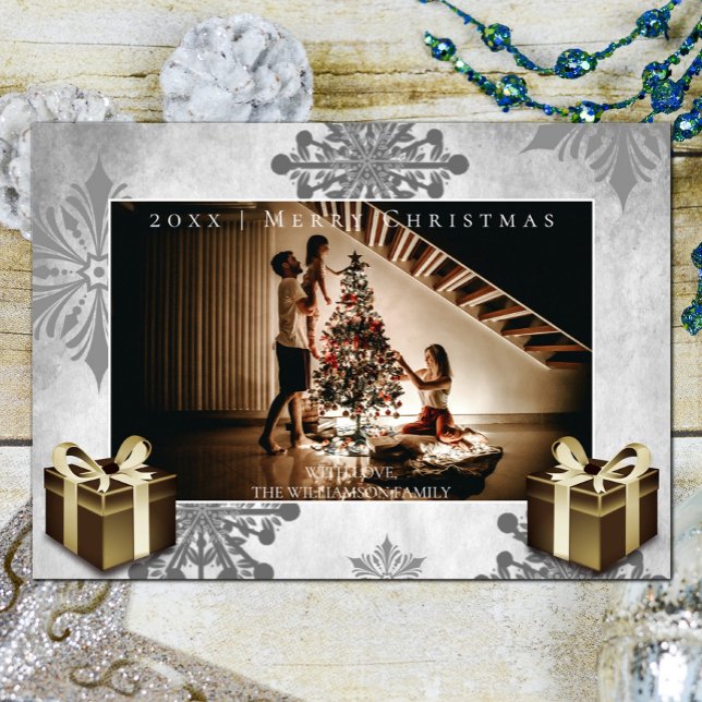 Gold Christmas Gifts and Snowflakes Photo Card (Gold Christmas Gifts and Snowflakes Holiday Photo Card)