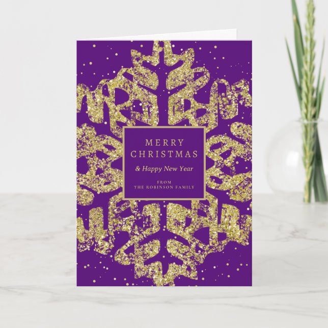 Gold Christmas Glitter Snowflake Corporate Purple  Holiday Card (Front)