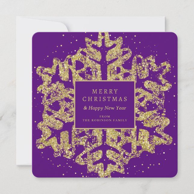 Gold Christmas Glitter Snowflake Family Purple  Holiday Card (Front)