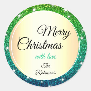Gold Christmas Green Blue Gradient Glitter Stars Classic Round Sticker