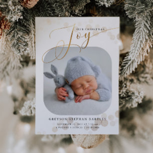 Gold Christmas Joy Baby Photo Birth  Announcement