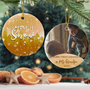 Gold Christmas Let it Snow Grandpa Gift Photo Ceramic Ornament