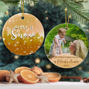 Gold Christmas Let it Snow New Aunt Photo Ceramic Ornament