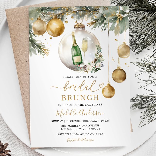 Gold Christmas Ornament Floral Wine Bridal Brunch Invitation (Creator Uploaded)