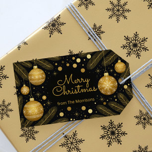 Gold Christmas Ornaments and Snowflakes on Black Gift Tags