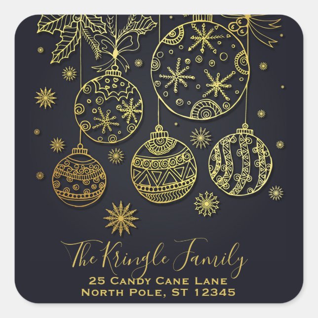 Gold Christmas Ornaments Family Return Address Square Sticker (Front)