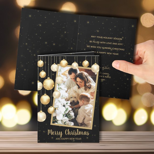 Gold Christmas Ornaments Folded Photo Holiday Card (Creator Uploaded)