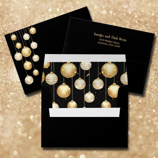Gold Christmas Ornaments on Black Envelope (Gold and white Christmas tree ornaments on black envelopes, FREE return address on back)