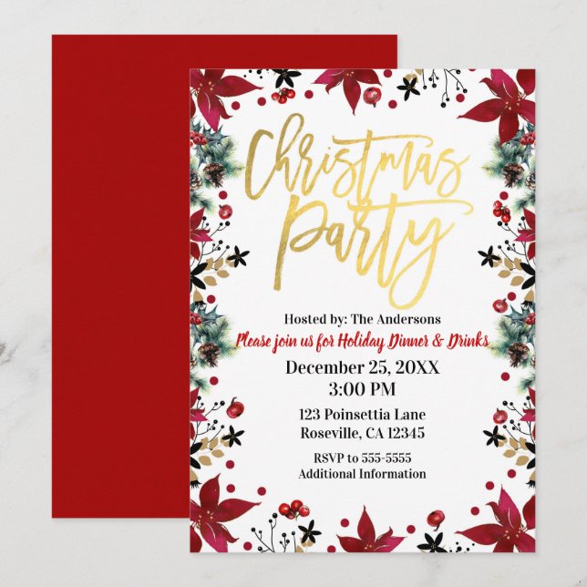 Gold Christmas Party Poinsettia Holiday Floral Invitation (Front/Back)