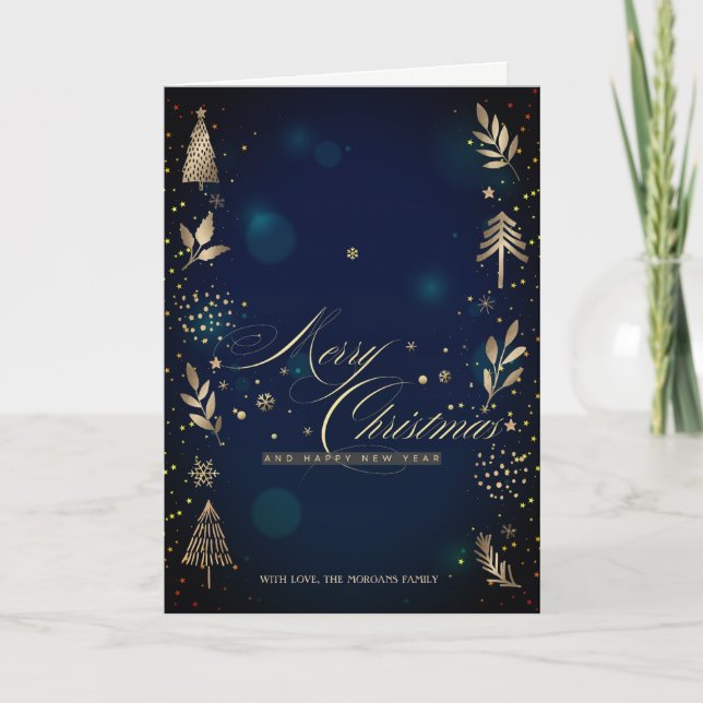  Gold Christmas Pine Tree,Branches Blue Bokeh Holiday Card (Front)