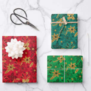 Gold Christmas Poinsettia Flowers Wrapping Paper Sheet