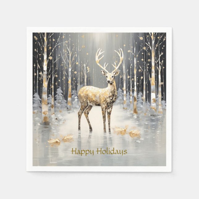 Gold Christmas Reindeer Holiday Napkin (Front)