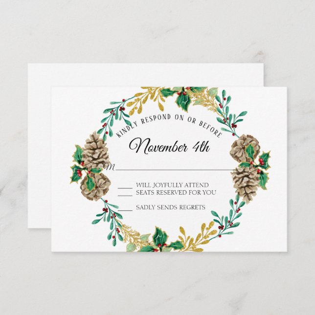 Gold Christmas RSVP Holly Leaf Pine Cone Wreath Invitation (Front/Back)