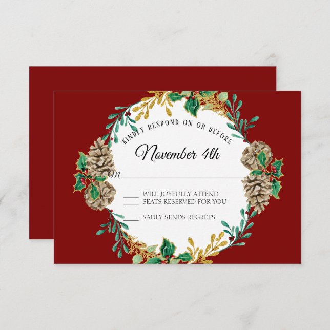 Gold Christmas RSVP Red Holly Pine Cone Wreath Invitation (Front/Back)
