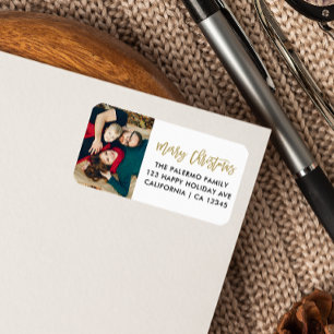 Gold Christmas Script Typography photo return Label