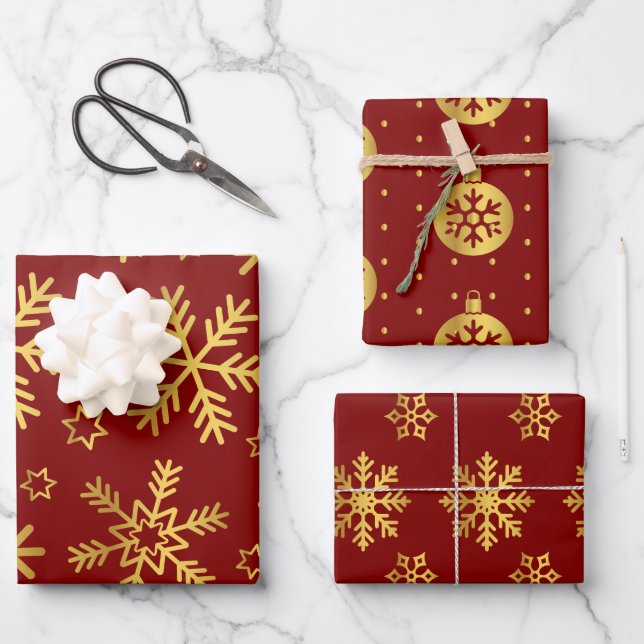 Gold Christmas Snowflake Seamless Pattern on Red  Wrapping Paper Sheet (Front)