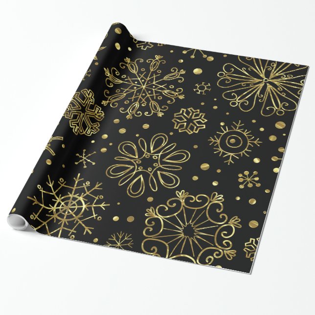 Gold Christmas Snowflakes On Black Wrapping Paper (Unrolled)