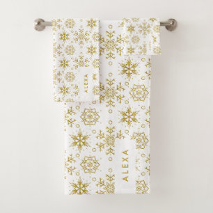 Gold Christmas snowflakes pattern on white. Bath Towel Set
