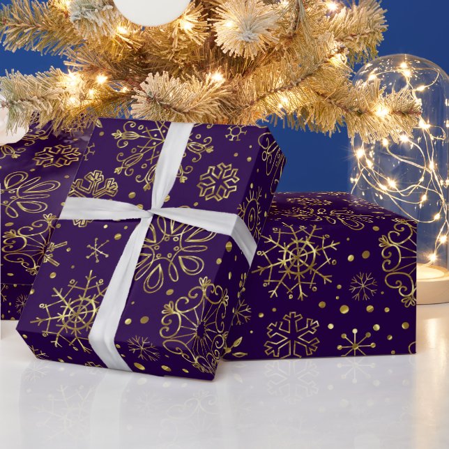 Gold Christmas Snowflakes Purple Changeable Back Wrapping Paper (Holidays)