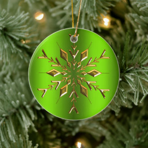 Gold Christmas Star Snowflake Green Christmas Ceramic Ornament