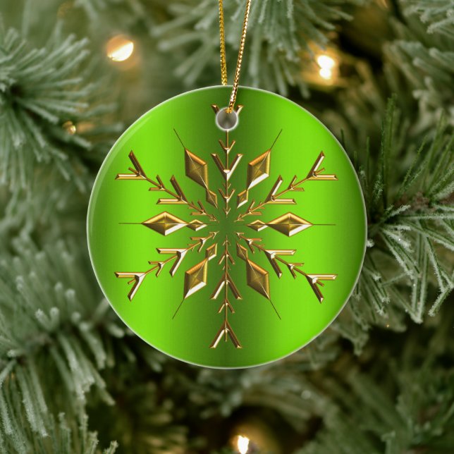 Gold Christmas Star Snowflake Green Christmas Ceramic Ornament (Tree)
