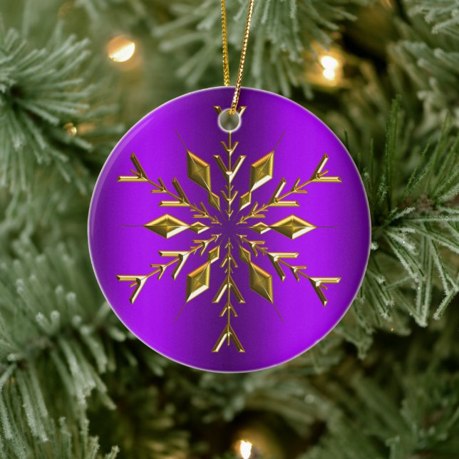 Gold Christmas Star Snowflake Purple Christmas Ceramic Ornament (Tree)
