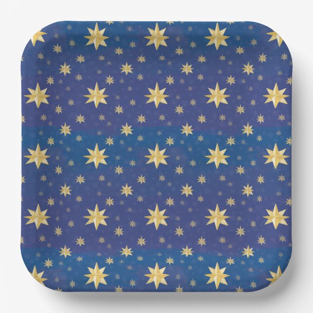 Gold Christmas Stars On Blue Paper Plate (Front)