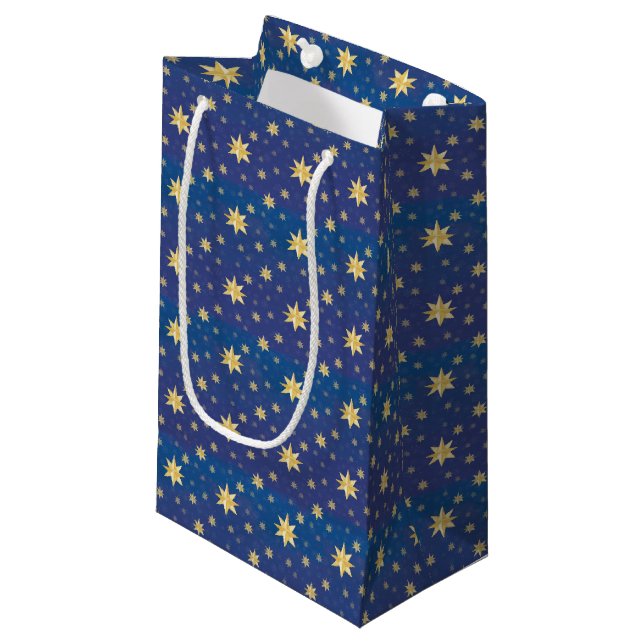 Gold Christmas Stars On Blue  Small Gift Bag (Front Angled)