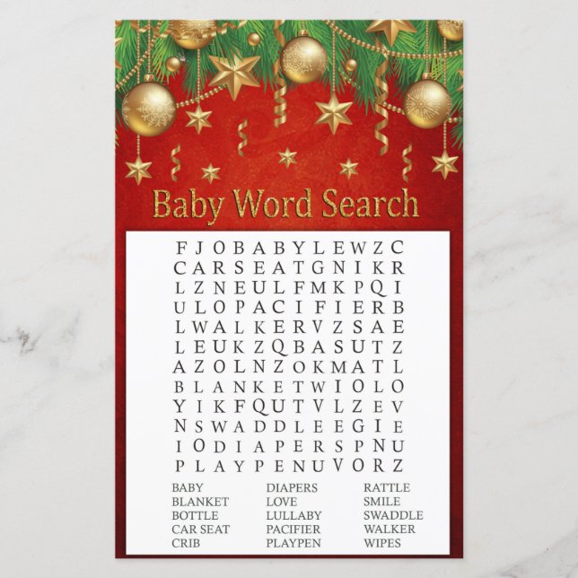 gold christmas toy Baby Shower Word Search Game (Front)