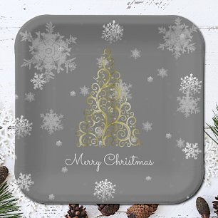 Gold Christmas Tree and Snowflakes Paper Plate