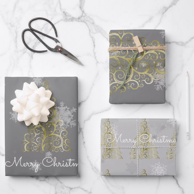 Gold Christmas Tree and Snowflakes Wrapping Paper (Front)