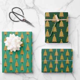 Gold Christmas Tree and Star on Green Wrapping Paper Sheet