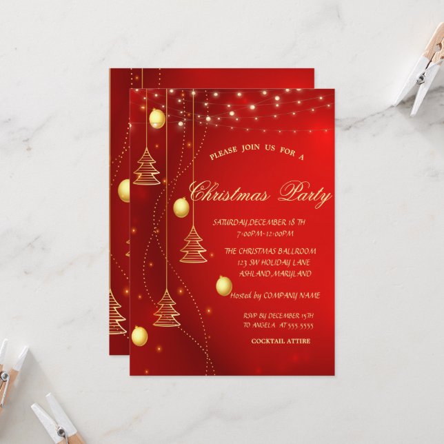 Gold Christmas Tree,Balls Red Christmas Company Invitation (Front/Back In Situ)