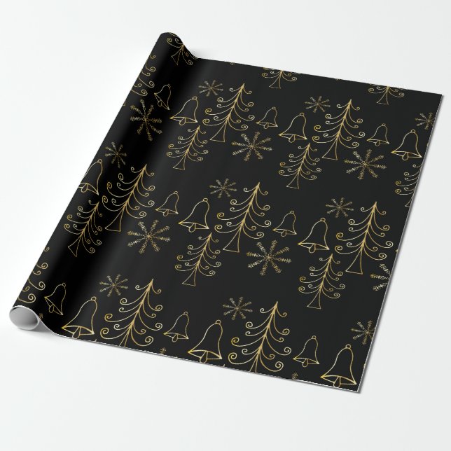 Gold Christmas Tree Bell and Snowflake Pattern Wrapping Paper (Unrolled)