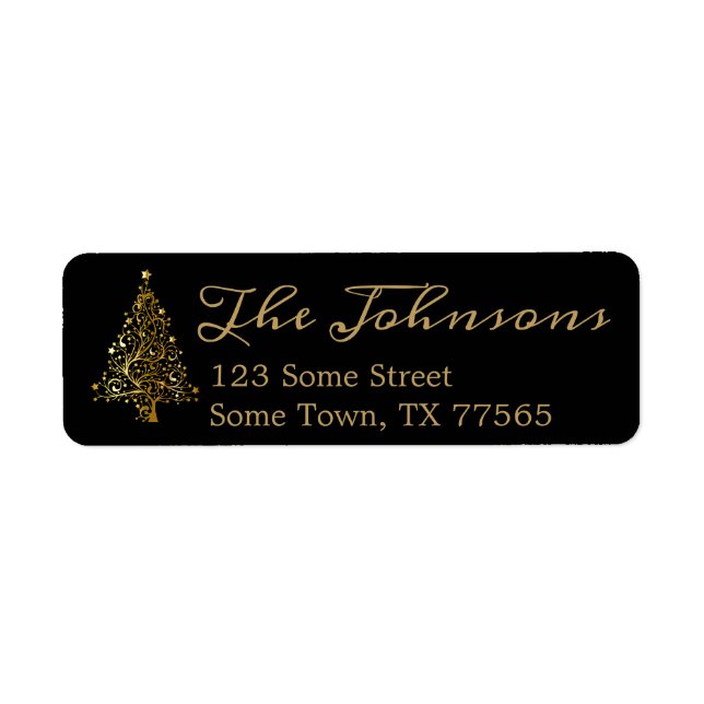 Gold Christmas Tree Black Return Address Label (Front)