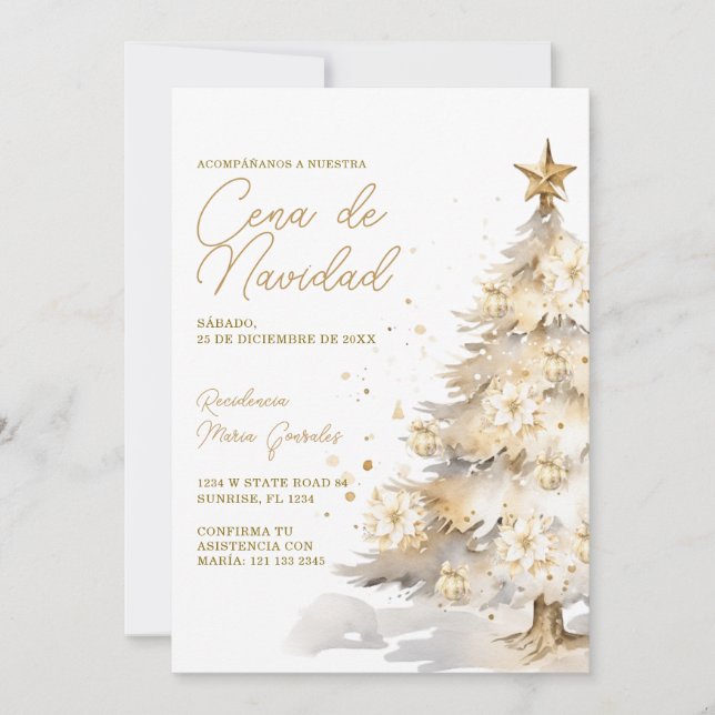 Gold Christmas Tree Cena De Navidad Dinner Party Invitation (Front)