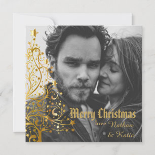 Gold Christmas Tree & Champagne Custom Photo Holiday Card