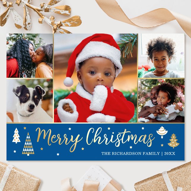 Gold Christmas Tree Custom Photo Blue Luxury Foil Holiday Card (Creator Uploaded)