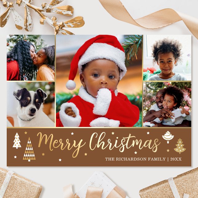 Gold Christmas Tree Custom Photo Brown Luxury Foil Holiday Card (Creator Uploaded)