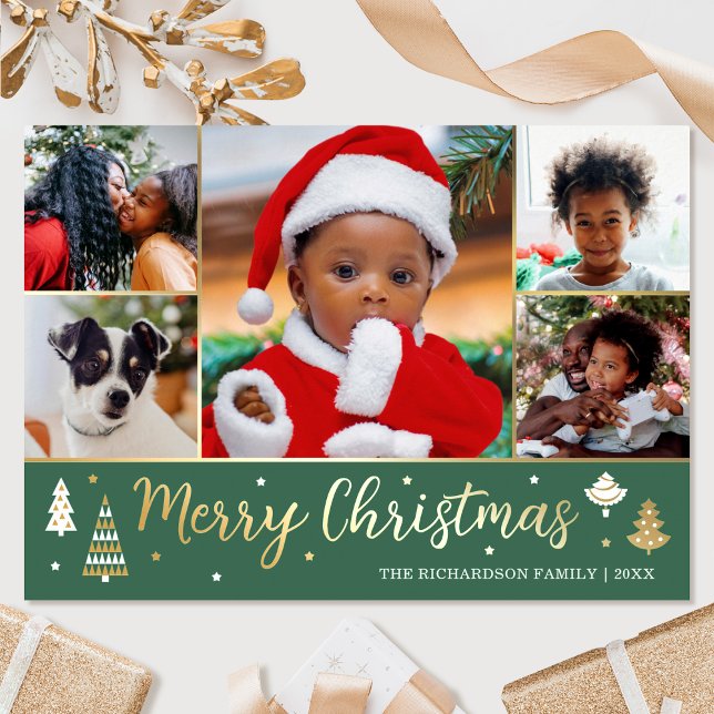 Gold Christmas Tree Custom Photo Forest Green Foil Holiday Card (Creator Uploaded)