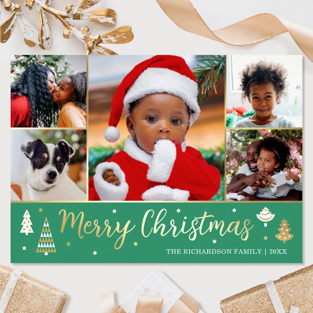 Gold Christmas Tree Custom Photo Green Luxury Foil Holiday Card (Creator Uploaded)