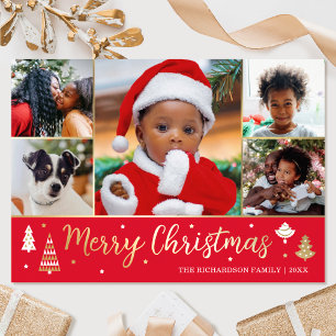 Gold Christmas Tree Custom Photo Red Luxury Foil Holiday Card