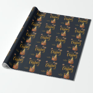 Gold Christmas Tree & Deer Dark Blue Personalised Wrapping Paper